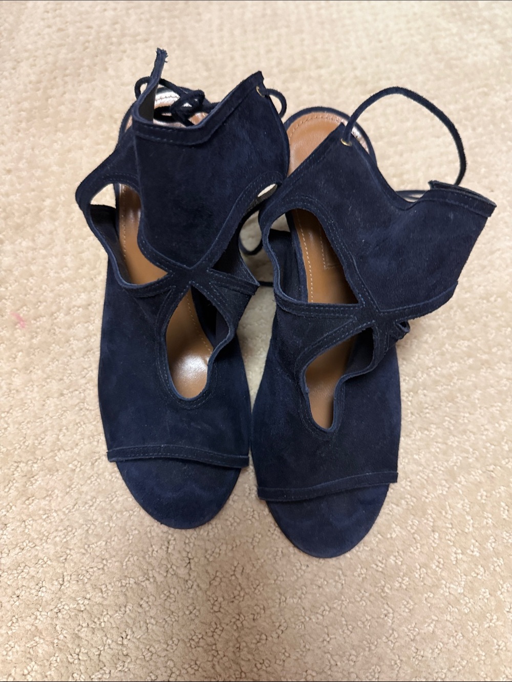 Aquazzura Navy Suede Cutout Tie-Heel Sandals